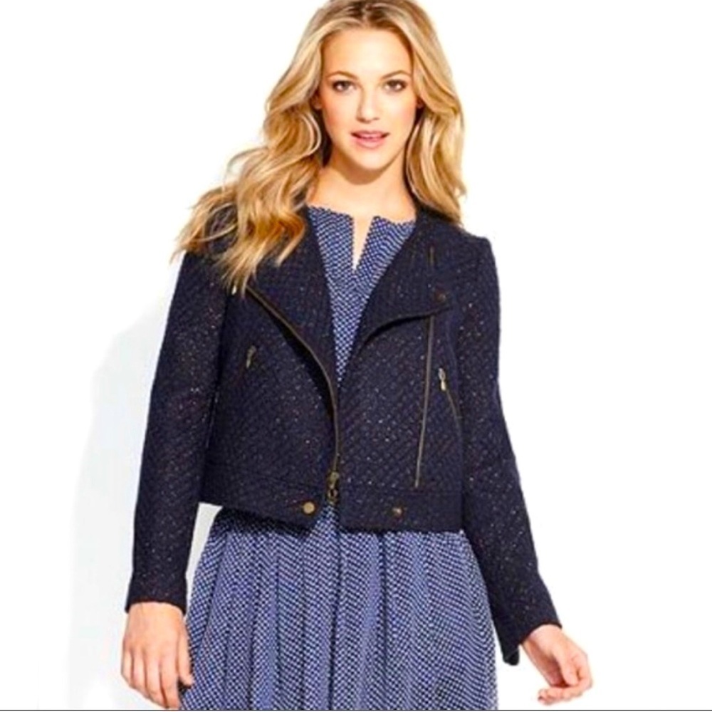 QMack Metallic Tweed Navy Blue Moto Jacket with Working Pockets Size Medium